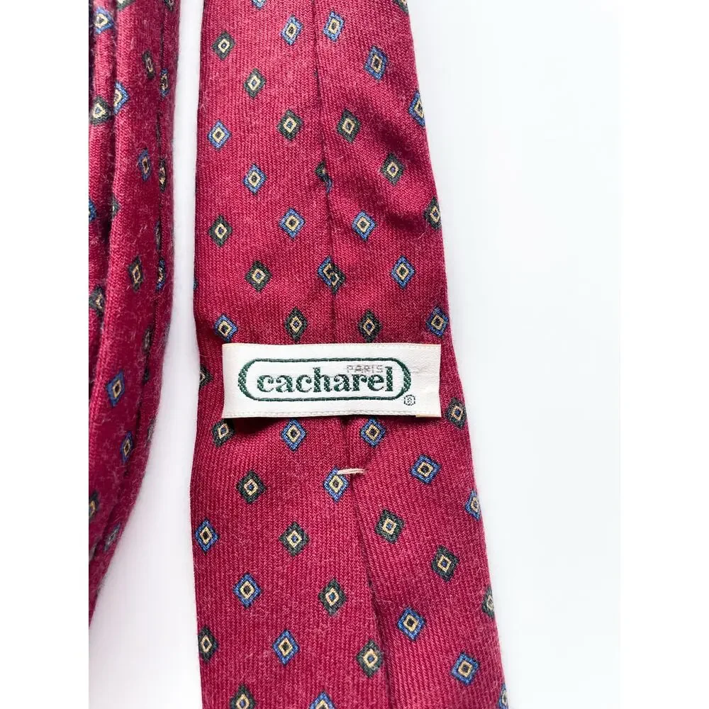 Vintage Cacharel Red and Blue Diamond Pattern Wool and Silk Blend Neck Tie